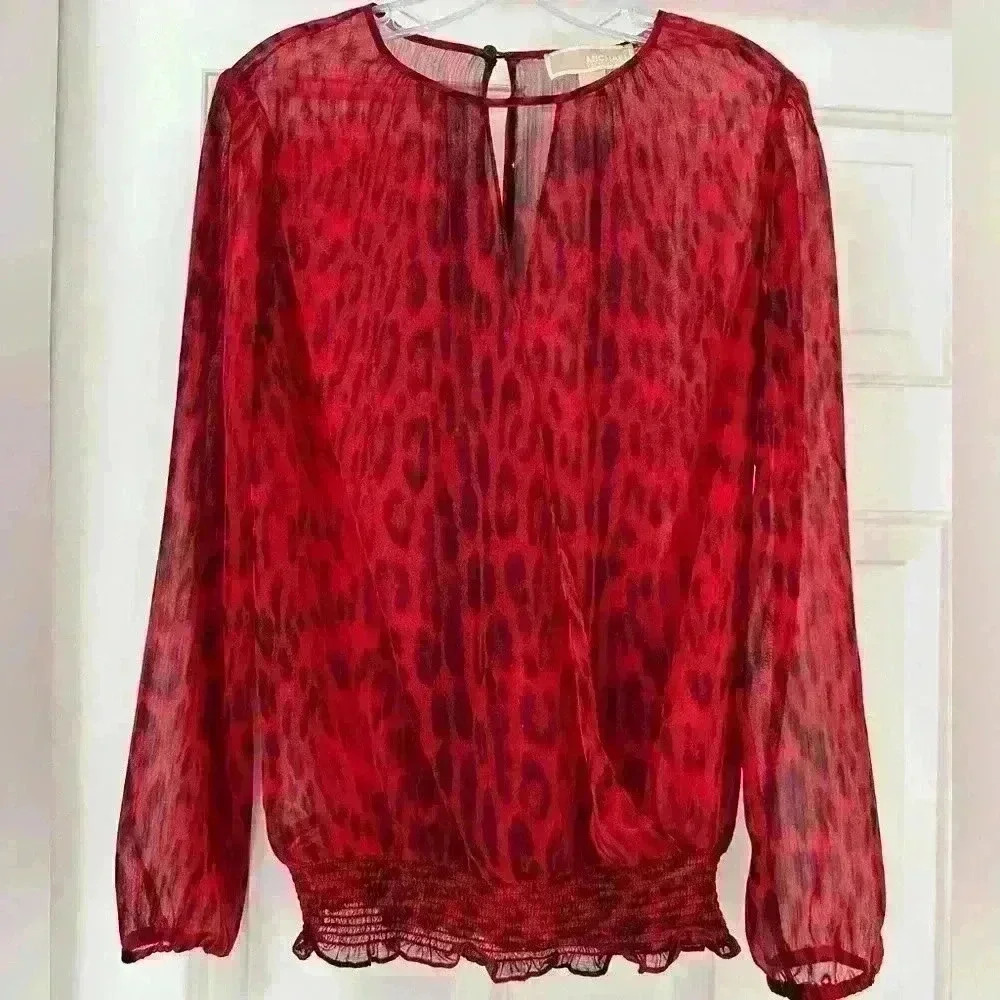 Michael Kors Semi Sheer Red Leopard‎ Animal Print Elastic Waist Wrap Front Sz XS